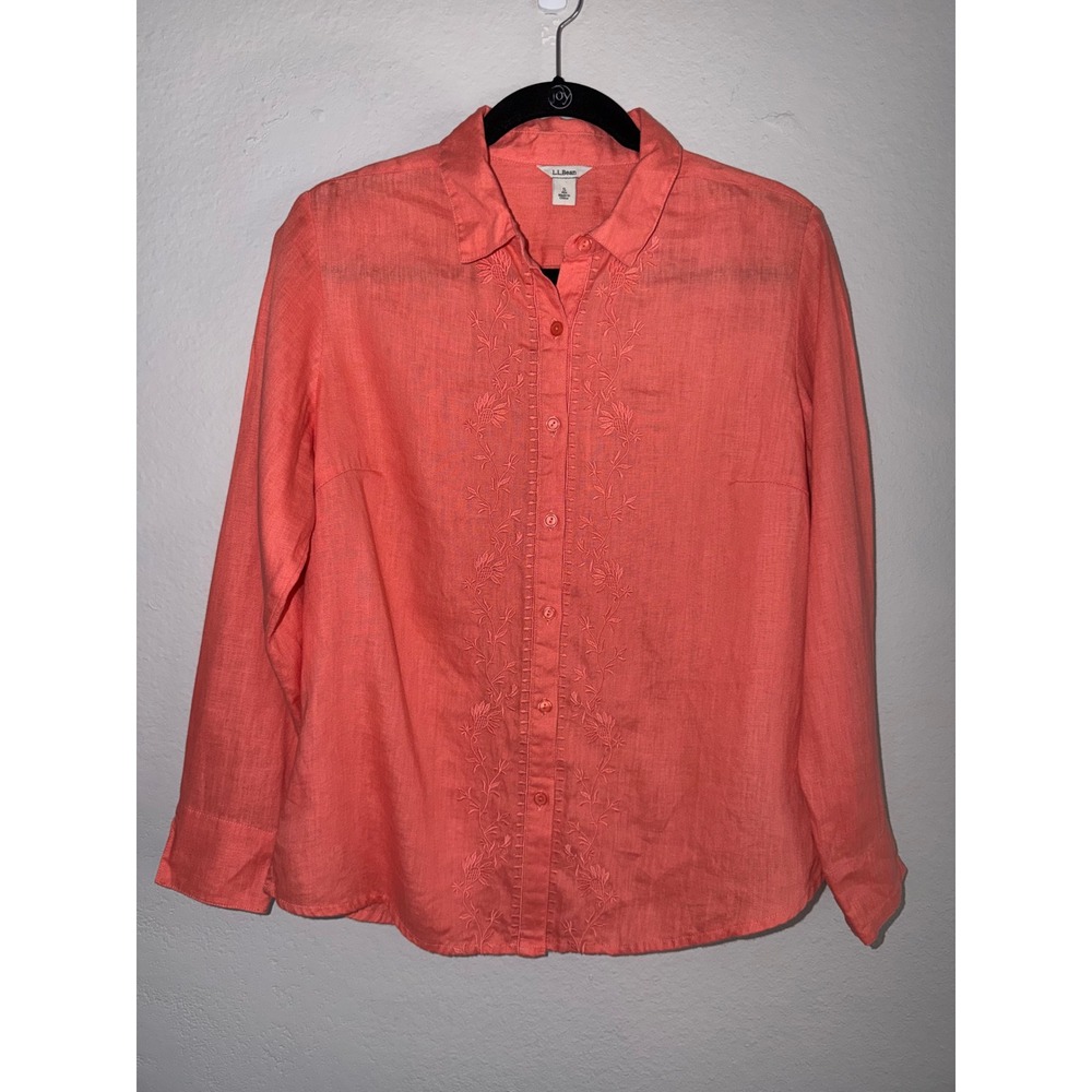 LL Bean Womens Coral Pink 100% Linen Embroidered Button Down Shirt 293947 Small